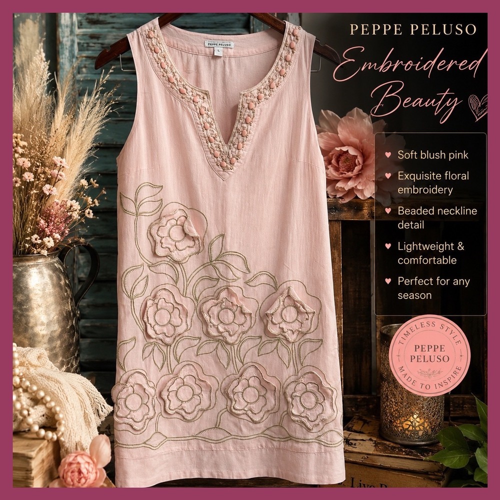 Peppe Peluso Pink Linen Floral Applique Beaded Sleeveless Shift Mini Dress L